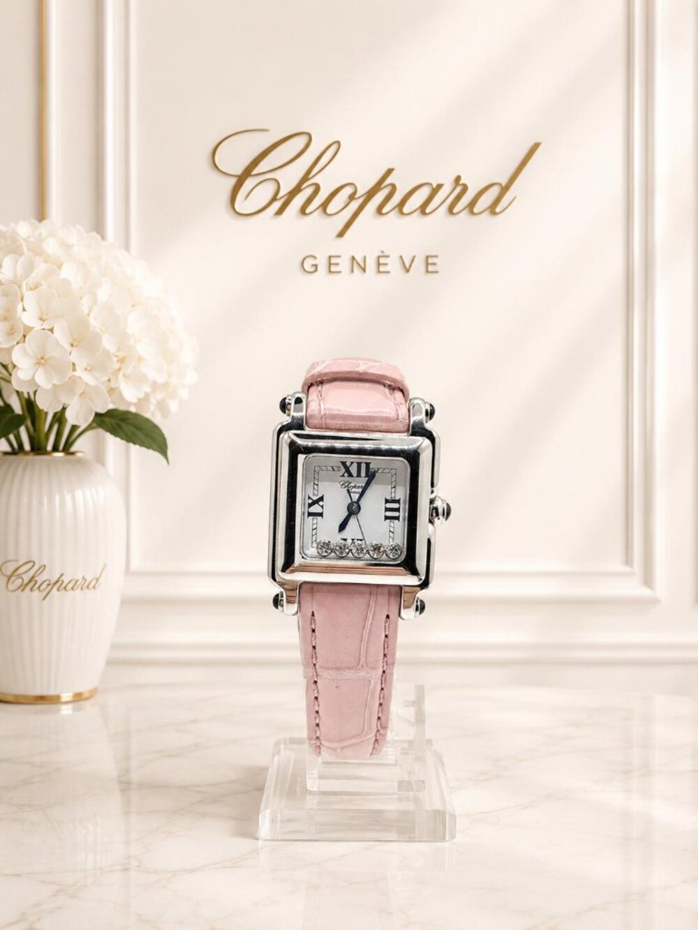 Chopard Happy Sport Square 5 Floating Diamond Pink Leather Quartz Watch